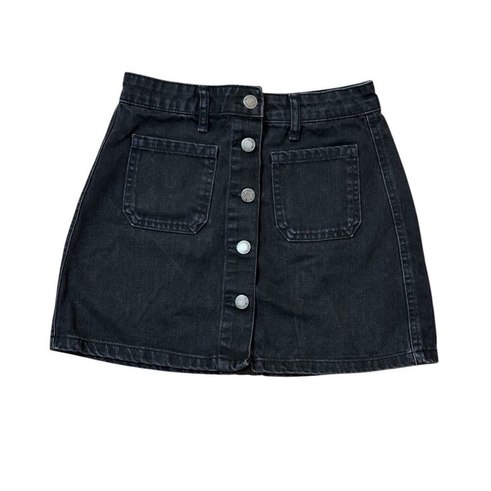 Bershka Women 2 Casual Mini Skirt Black Denim Button Front Pockets Fitted Back
